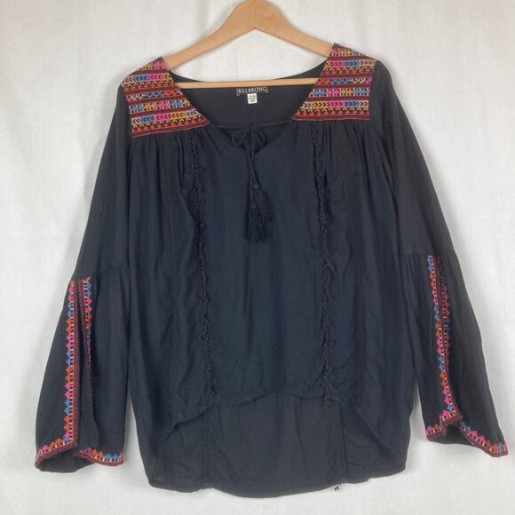 Billabong Peasant Tunic Top Black S / P Embroidery Bell Sleeve Boho Baja Folk - Picture 9 of 12